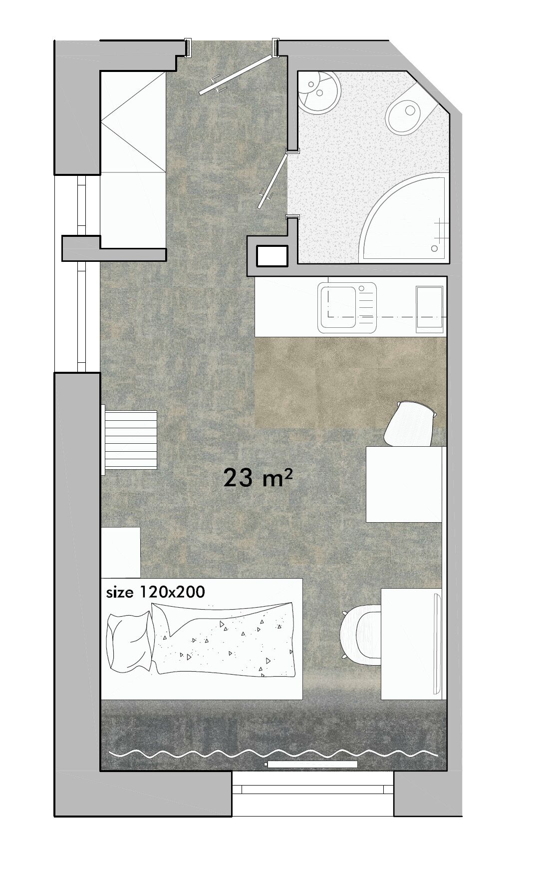 A floor plan of a 23 m² room with a 120x200 size bed, a small bathroom, and a kitchenette.