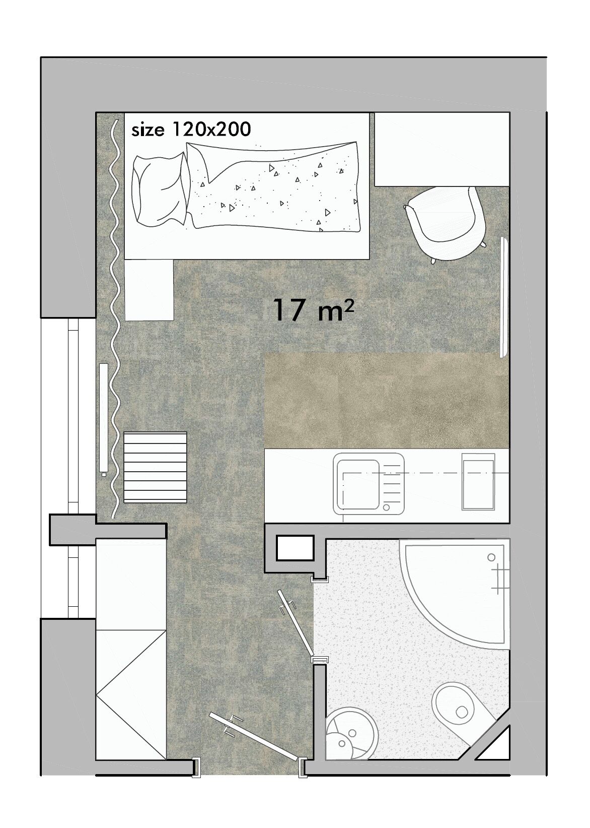 A floor plan of a room measuring 17 m², including a bed, a chair, a small table, and a bathroom with a toilet and sink.
