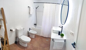 Shower, hair dryer, bidet, towels