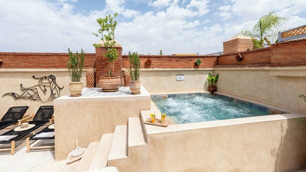 Un espace piscine aménagé sur le toit, avec des chaises longues, un jacuzzi et des plantes en pot.
