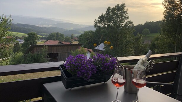 A balcony with a view of a valley, a bottle of champagne, and two glasses of red wine. - Apartment Tälerblick Maxi - with large balcony and great view (Böbrach)