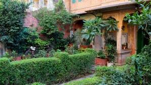 Um pátio com vegetação exuberante, uma bicicleta e um edifício com arquitetura elaborada.