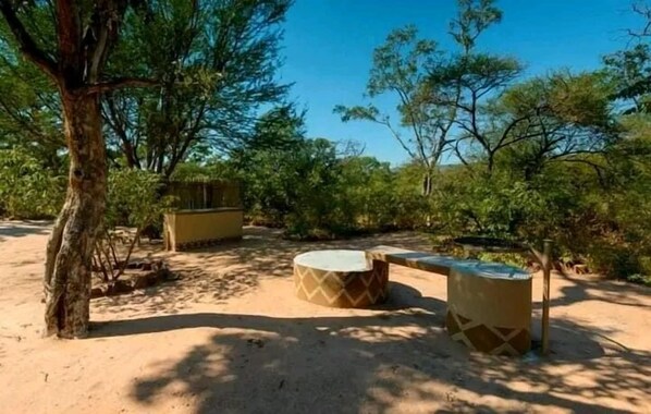 A sandy outdoor area with a circular stone structure, possibly a seating area, surrounded by trees and vegetation. - Goo Moremi Gorge (Moremi)