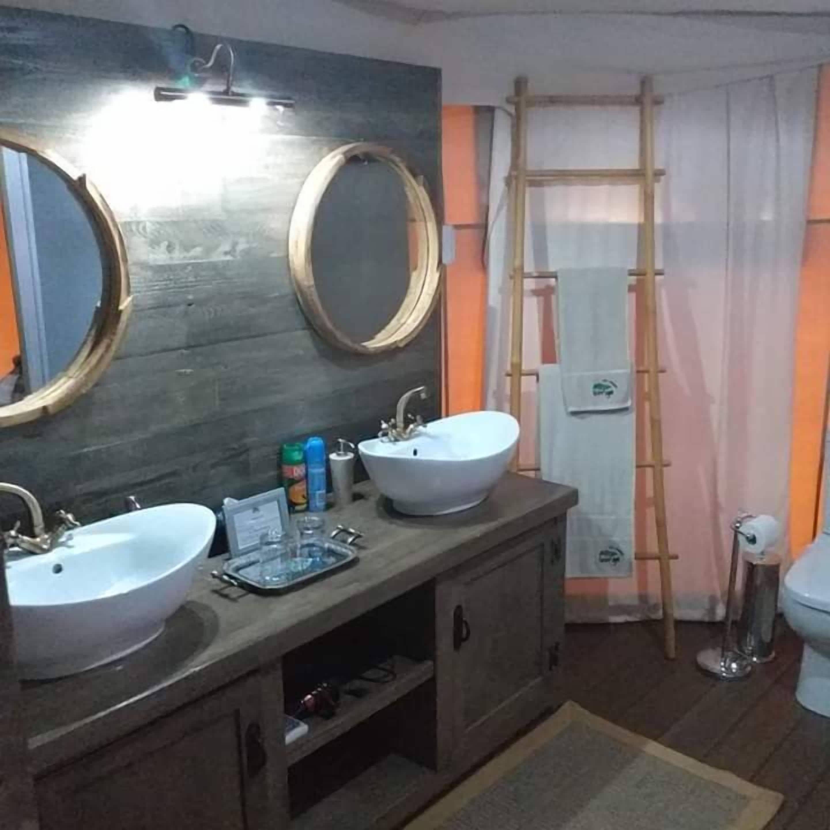 A bathroom with two sinks, a mirror, a shower, and a toilet.