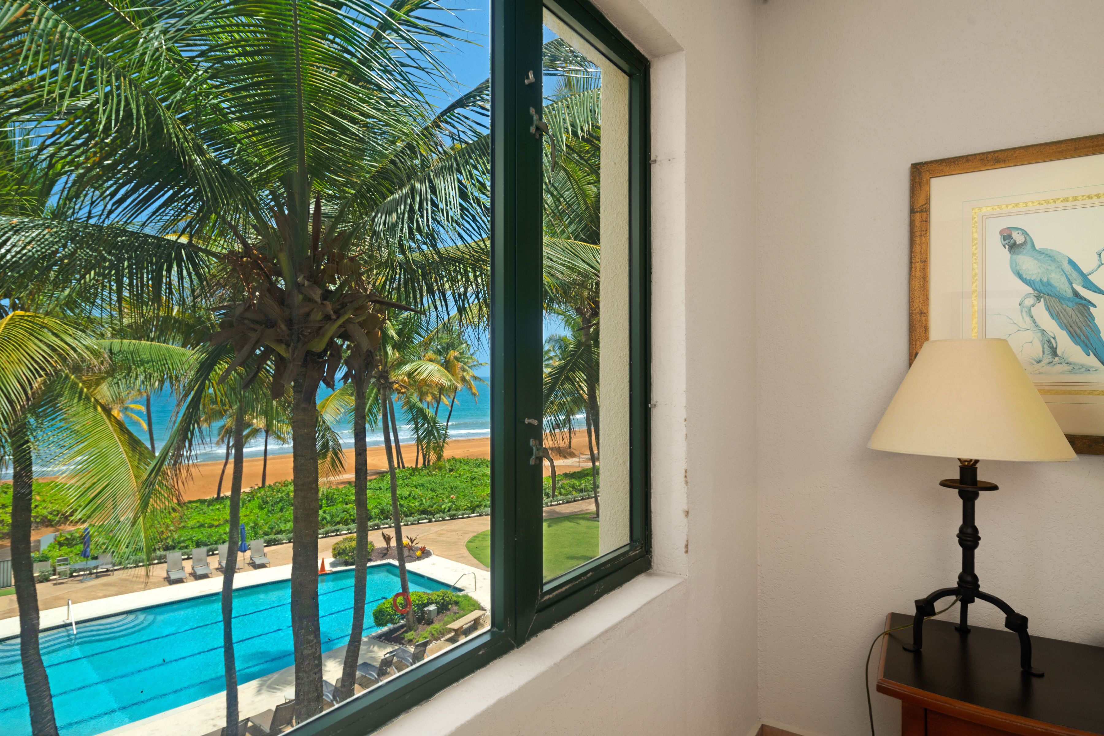 A room with a window overlooking a pool, palm trees, and a beach.