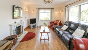 Una sala de estar con chimenea, televisor, sofá y mesa de comedor.