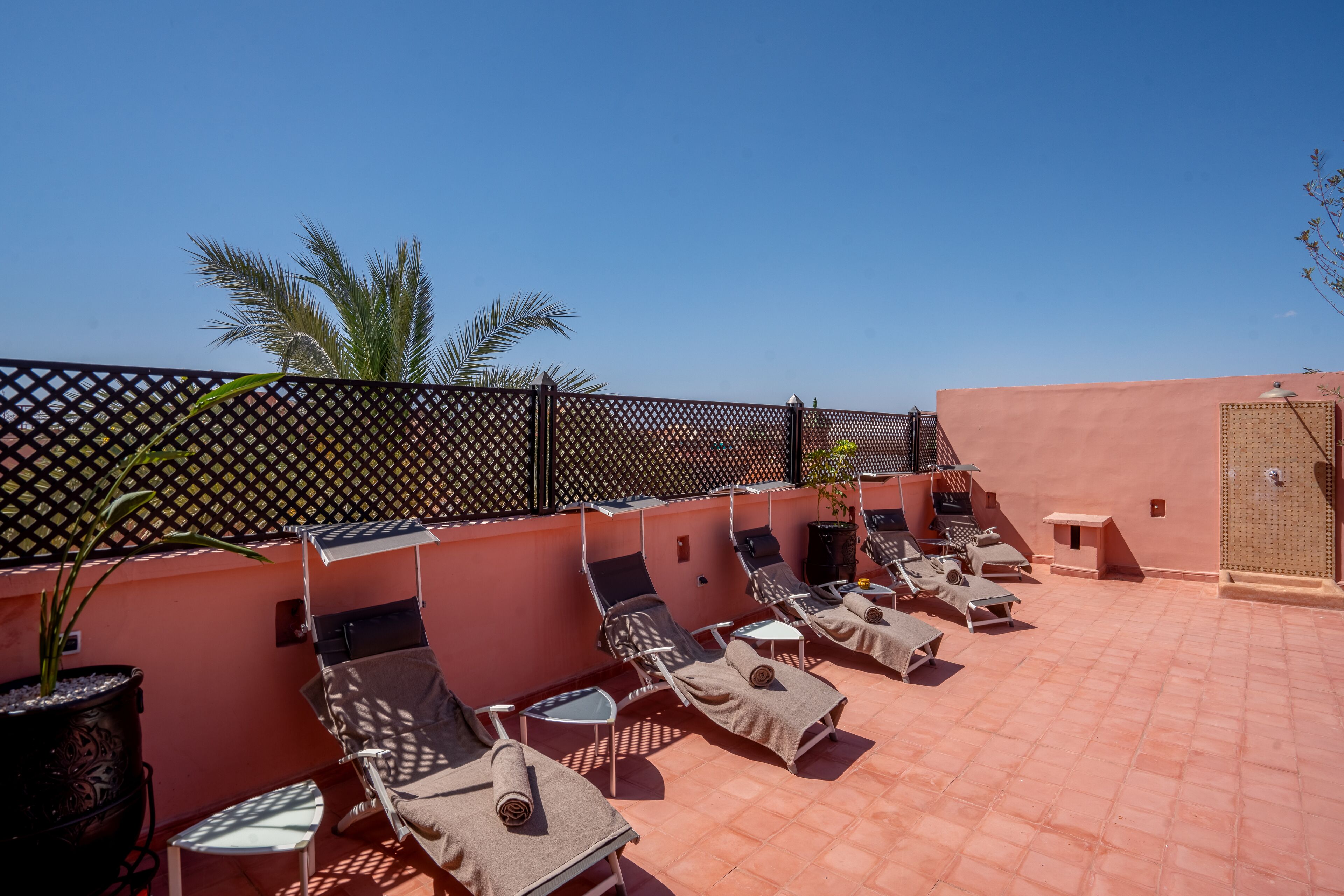 Una terrazza sul tetto con lettini, un piccolo tavolo e piante in vaso.