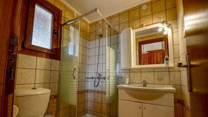 Et badeværelse med en brusekabine med glasvægge, toilet, vask og et spejl over vasken.