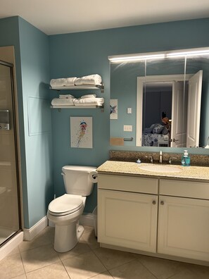 Shower, hair dryer, towels, soap