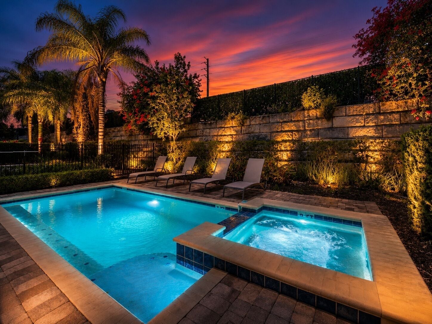 A swimming pool with a hot tub, surrounded by palm trees and a stone wall.