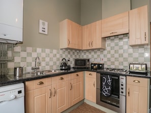 Fridge, electric kettle, toaster, cookware/dishes/utensils