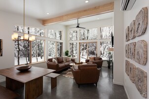 浪漫别墅 | 起居区 | 60-英寸智能电视（配备卫星频道）、电视、壁炉