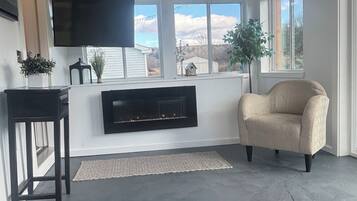 Una Smart TV, una chimenea, libros, una pantalla de ordenador