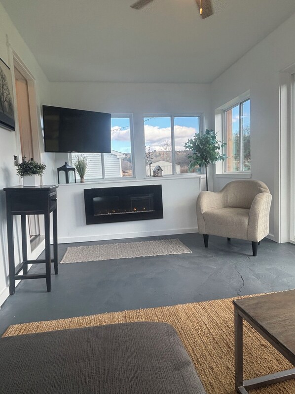 Una Smart TV, una chimenea, libros, una pantalla de ordenador