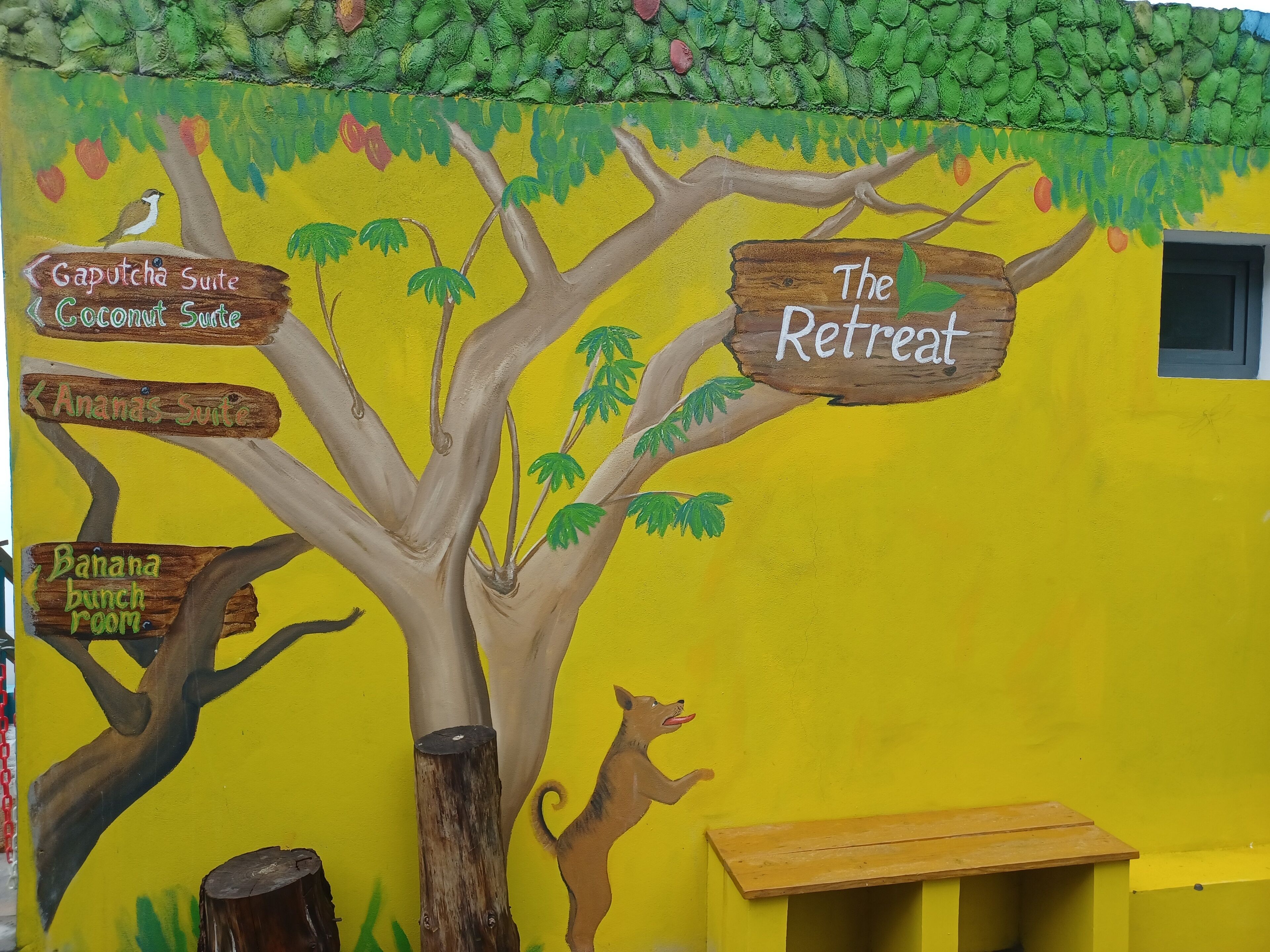 A wall with a tree mural, signs for 'Gapucha Suite', 'Coconut Suite', 'Ananas Suite', and 'Banana bunch room', and a sign for 'The Retreat'.