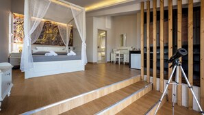 Een slaapkamer met een hemelbed, een bureau, een spiegel en een telescoop.
