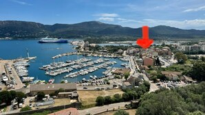 Ein Yachthafen mit zahlreichen Schiffen, ein großes Kreuzfahrtschiff im Hintergrund und eine Stadt mit Gebäuden und Straßen.