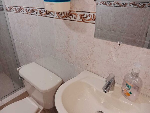 Un baño con inodoro, lavabo y ducha.