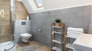 Shower, jetted tub, hair dryer, soap
