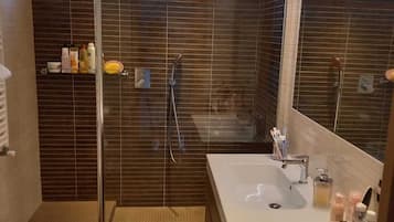 Shower, hair dryer, bidet, towels