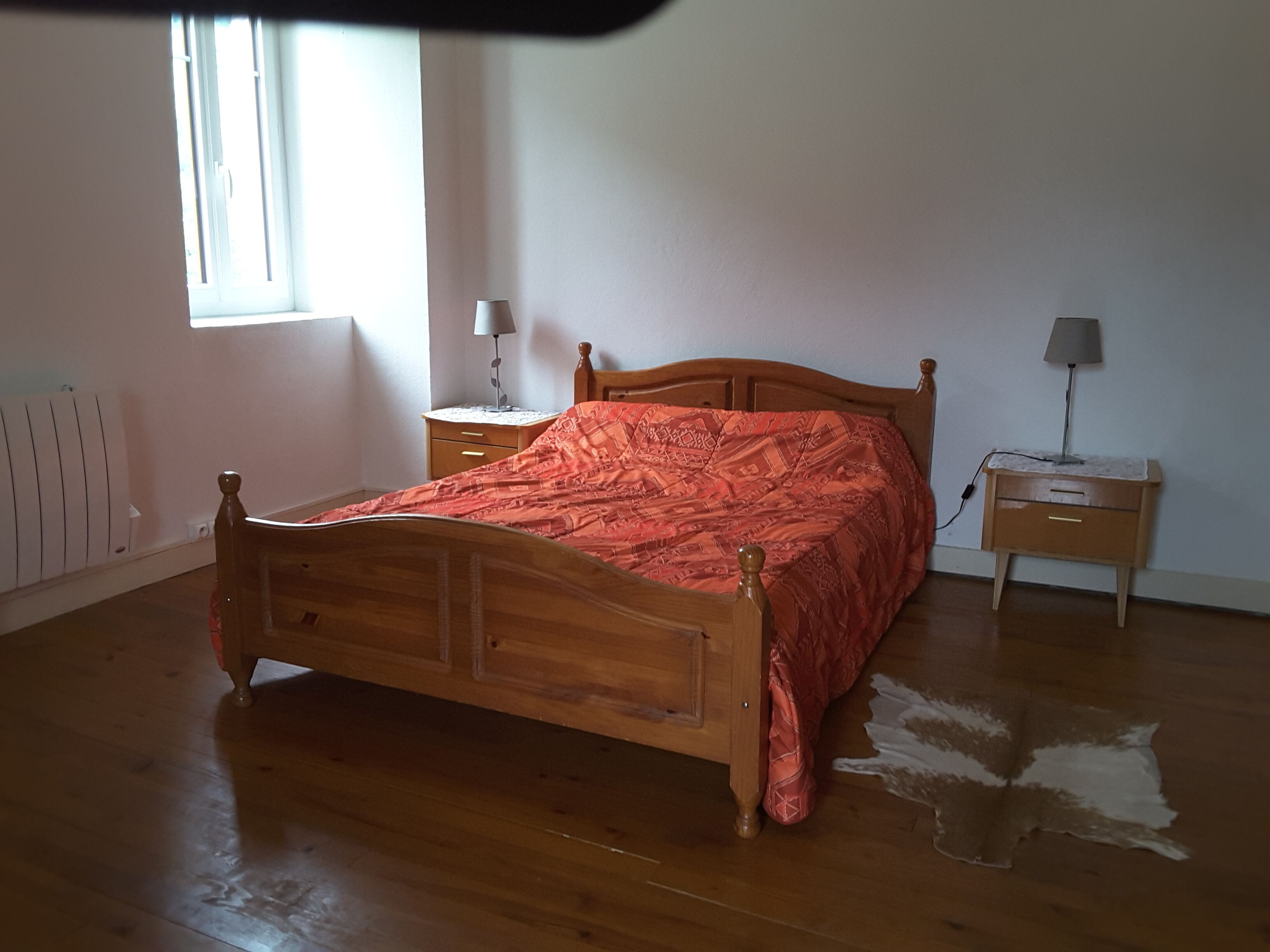 A bedroom with a wooden bed, a nightstand, a lamp, and a radiator.