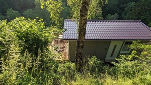 A house with a tiled roof surrounded by dense greenery. - Hellaberg III: Quiet vacation home with sauna on the edge of the forest (Schleusegrund)