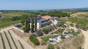 A large house with a terrace, surrounded by vineyards, and solar panels on the roof. - Podere La Quercia (San Gimignano)