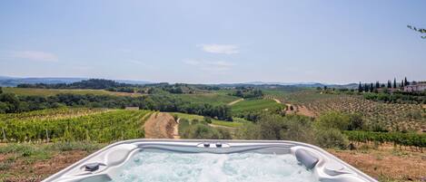 Ein Whirlpool mit Blick auf ein Weinberg.