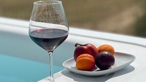 A glass of red wine next to a plate with fruits by a poolside. - Podere La Quercia (San Gimignano)