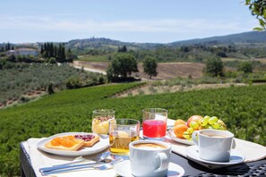 A table with breakfast items and drinks, set against a vineyard backdrop. - Podere La Quercia (San Gimignano)