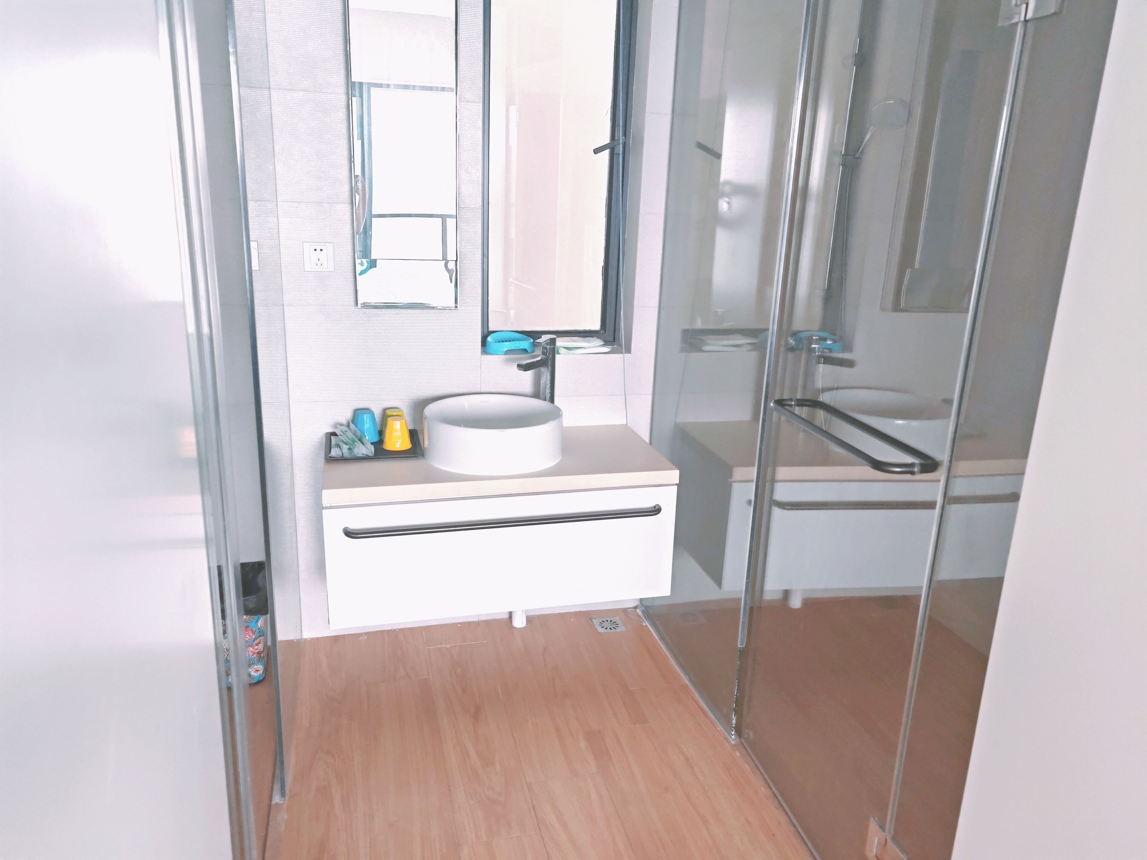 A modern bathroom with a glass shower enclosure, a white sink, and a mirror above it.