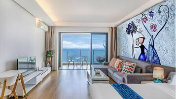 Elite-huoneisto, 1 keskisuuri parisänky, merinäköala | 1 makuuhuone, ylelliset vuodevaatteet, untuvapeitot