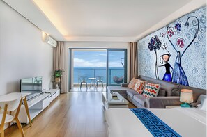 Departamento Elite, 1 cama Queen size, vista al mar | Ropa de cama de alta calidad, edredón y camas con efecto memoria 