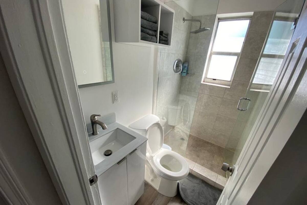 A modern bathroom with a glass-enclosed shower, a white sink, and a toilet.