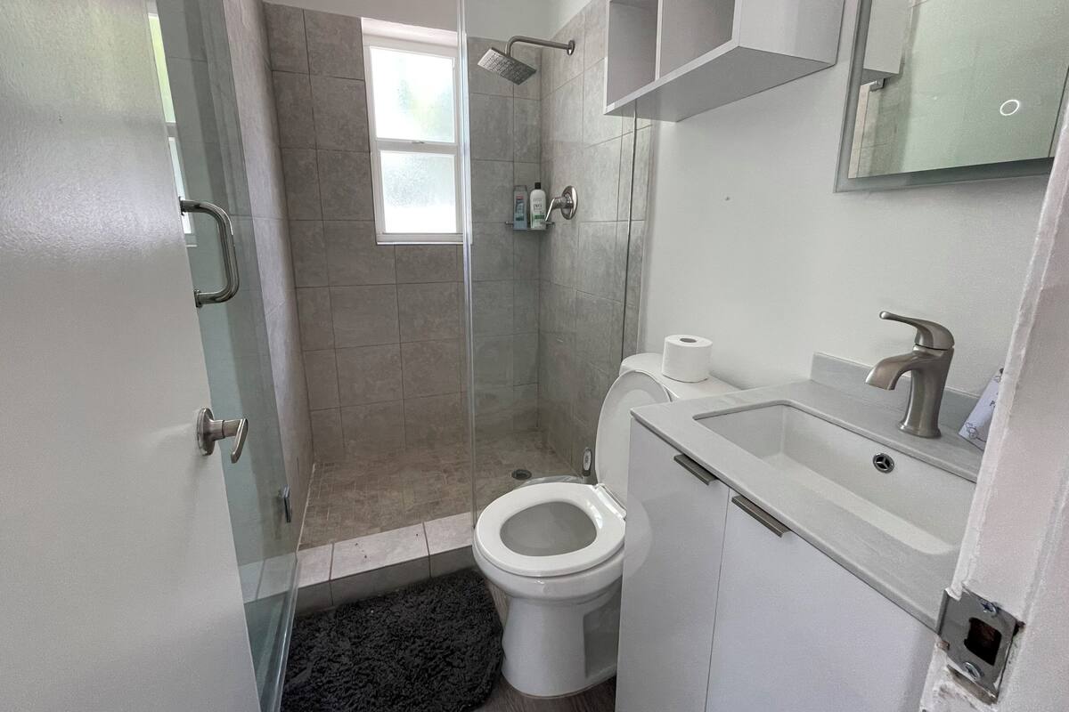 A modern bathroom with a glass shower enclosure, a toilet, and a sink with a mirror above.
