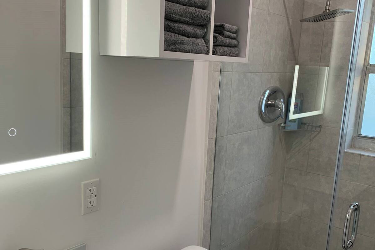 A modern bathroom with a glass shower enclosure, a white sink, and a toilet.