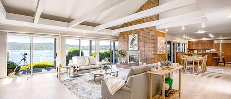 TV, fireplace, books