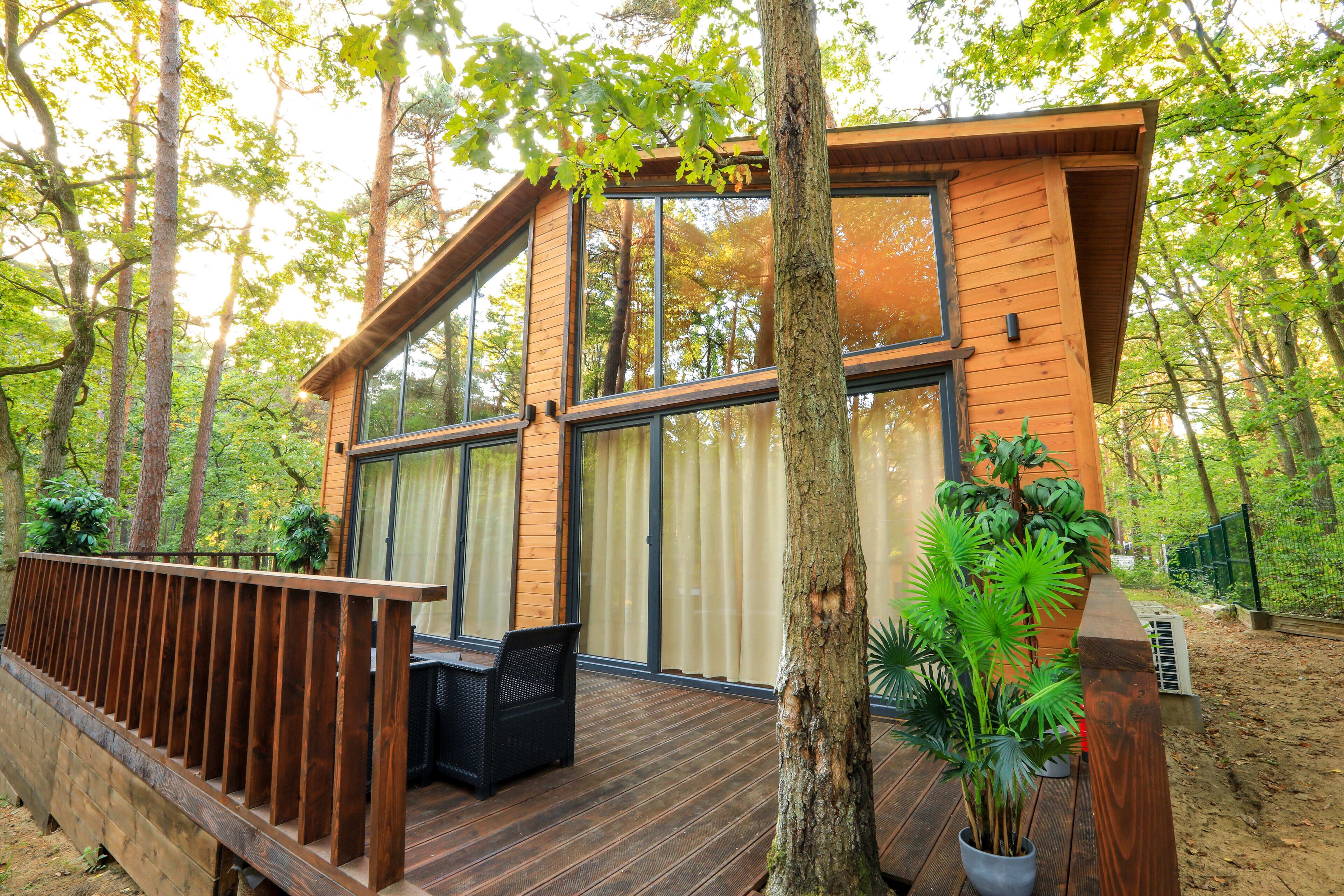 Eine Holzhütte mit großen Fenstern, einer Terrasse und Topfpflanzen.