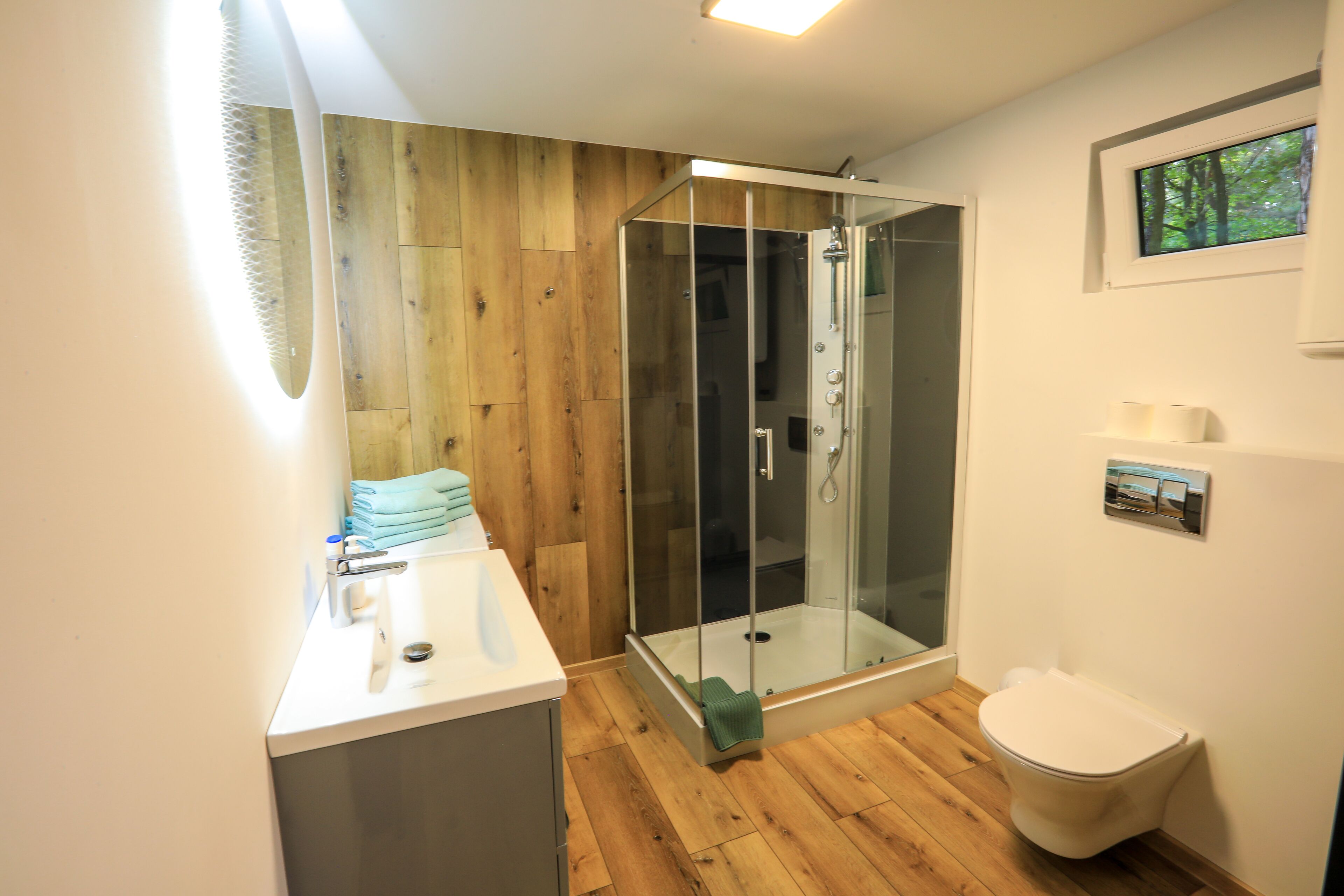 A modern bathroom with a wooden floor, a glass shower enclosure, a white sink, and a toilet.