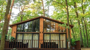 A cabin with large windows, a wooden deck, and surrounded by trees. - Bizon Village (Piaseczno)