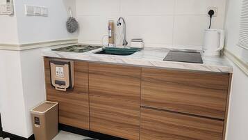 Fridge, stovetop, dishwasher, electric kettle