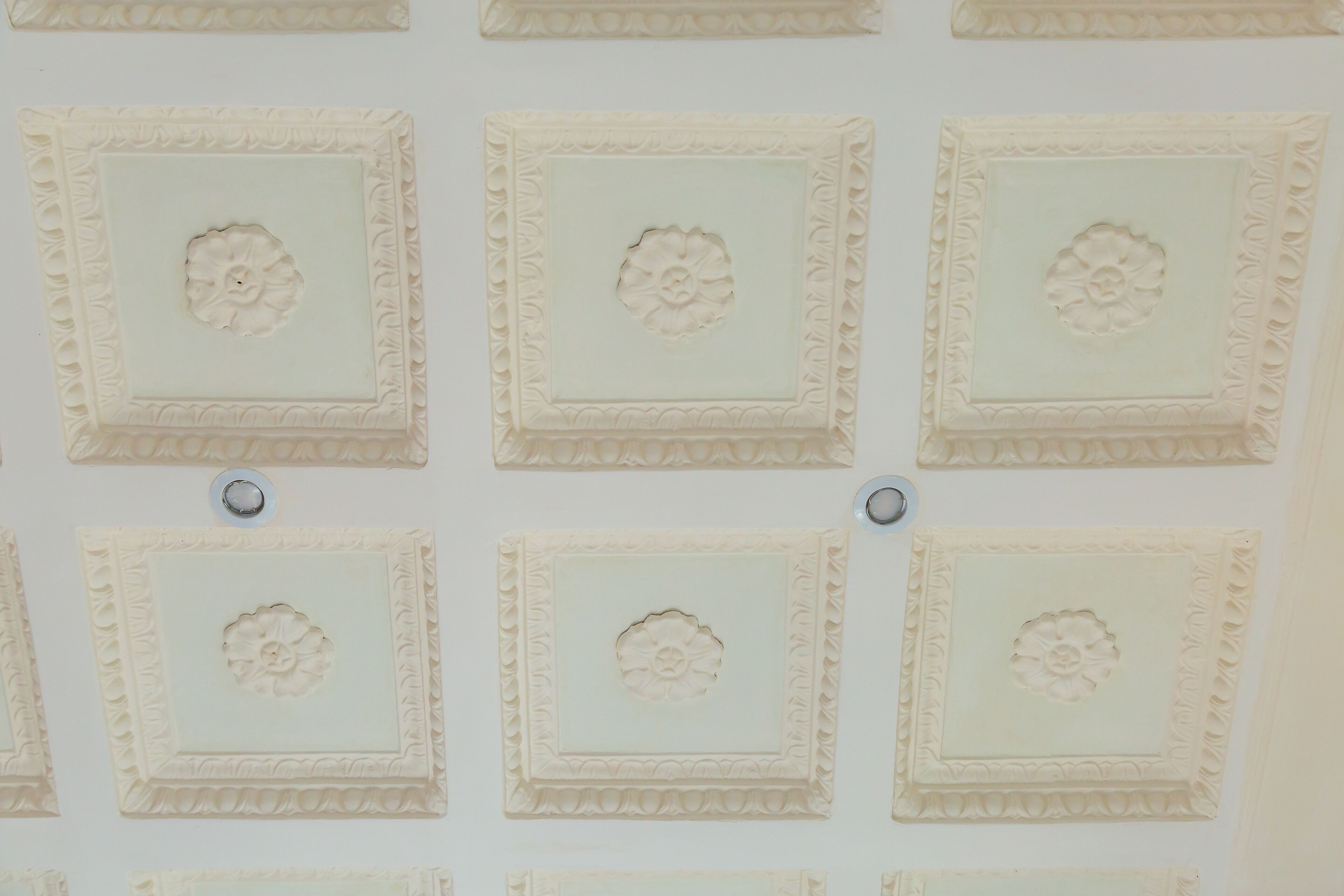 A ceiling with square, ornate panels featuring floral designs.