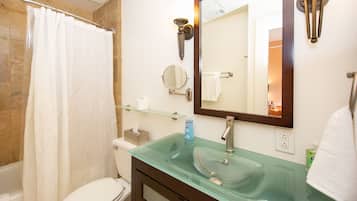 Secadora de cabello, toallas, jabón, shampoo