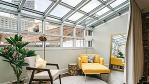 Un salon moderne avec une lucarne, un canapé, un fauteuil, un tapis rond et une plante en pot.