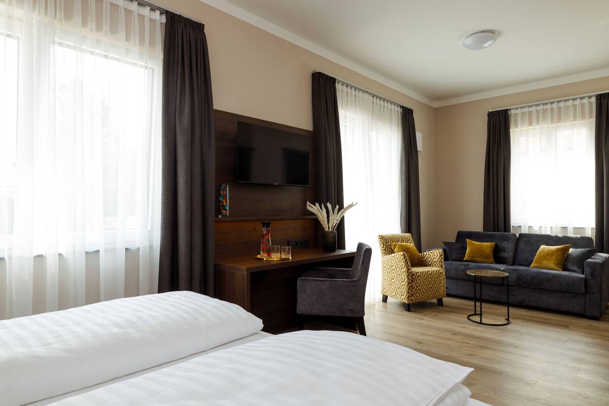 A hotel room with a bed, a desk, a TV, a sofa, and a chair.