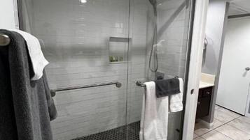 Hair dryer, towels, soap, toilet paper