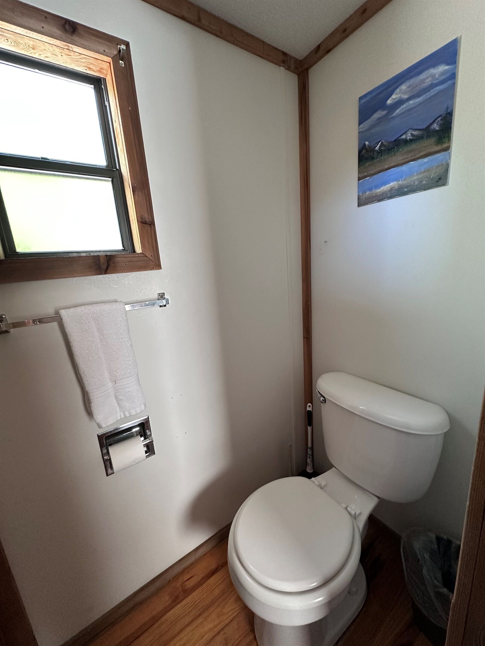 Un baño pequeño y funcional con inodoro blanco, suelo de madera, toallero con toalla blanca y un cuadro de un paisaje en la pared.