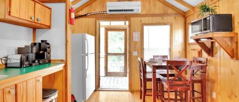 Fridge, microwave, stovetop, coffee/tea maker