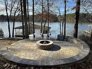 Terrace/patio - Lake Gaston waterfront home!  Our guests love using our free pontoon boat ! (Littleton)