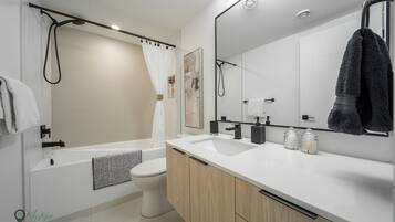 Hair dryer, towels, shampoo